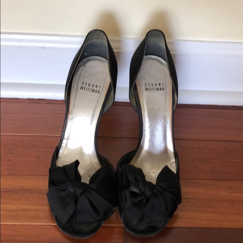 Stuart Weitzman D’Orsay Black Satin BOWRIBBON